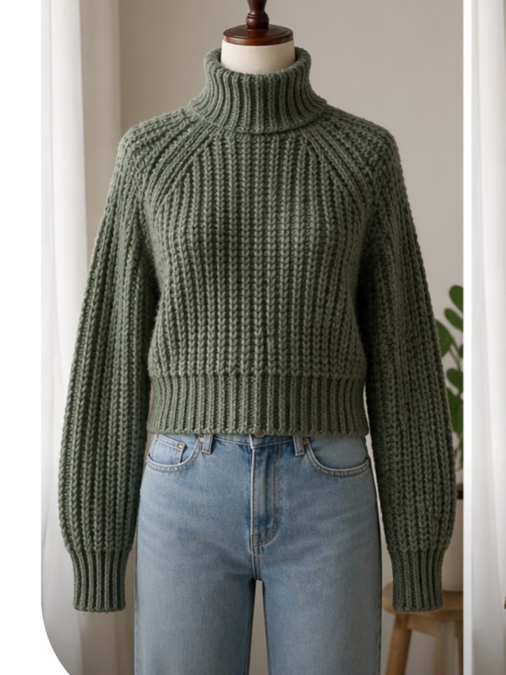 H&M Olive Green Ribbed Mock Turtleneck chunky Sweater